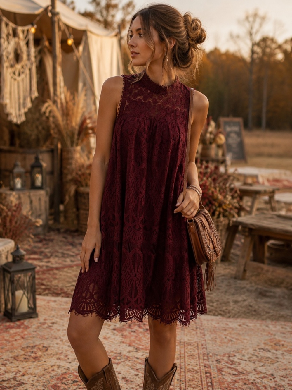 Altar'd State Women's Burgundy Lace Sleeveless Dress S Boho Festival Fall Dainty